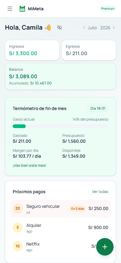 Dashboard de MiMeta con ingresos, egresos y el Termómetro de fin de mes